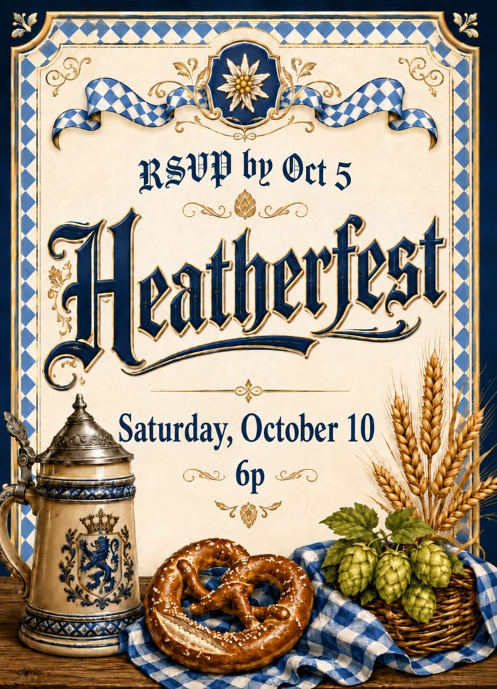 Heatherfest invitation: Saturday, October 10 at 6pm, RSVP by October 5